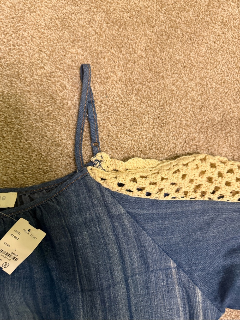 Umgee Blue Cold-Shoulder Denim-Look Tunic with Cream Crochet Sleeves - Picture 5 of 5